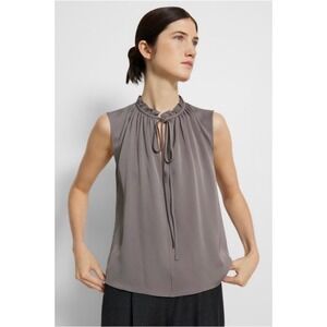 Theory Tie Neck Shell Top Silk Georgette in Elm Sleeveless Gray Size S